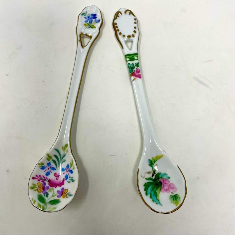 Two Vintage Floral and Grape Design Porcelain Spoons